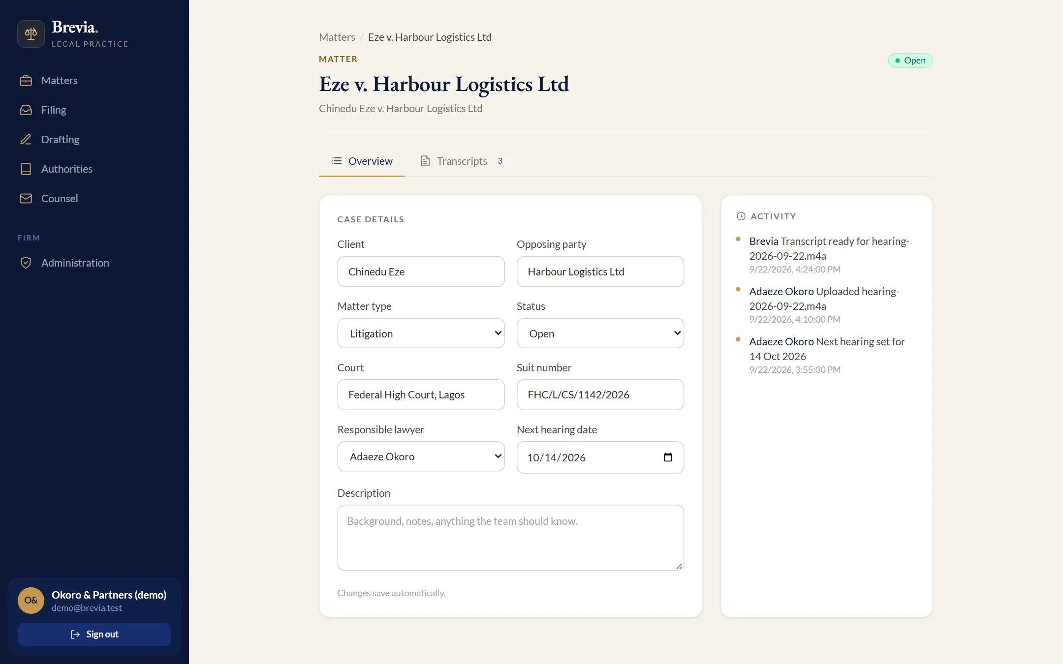 Matter overview with case details and an activity feed (demo data)