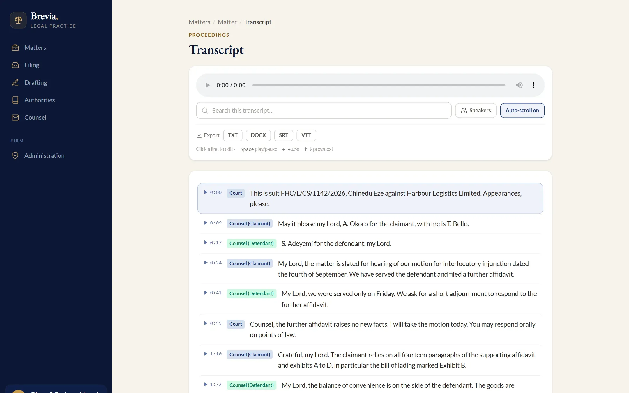 The transcript view, shown with demo data