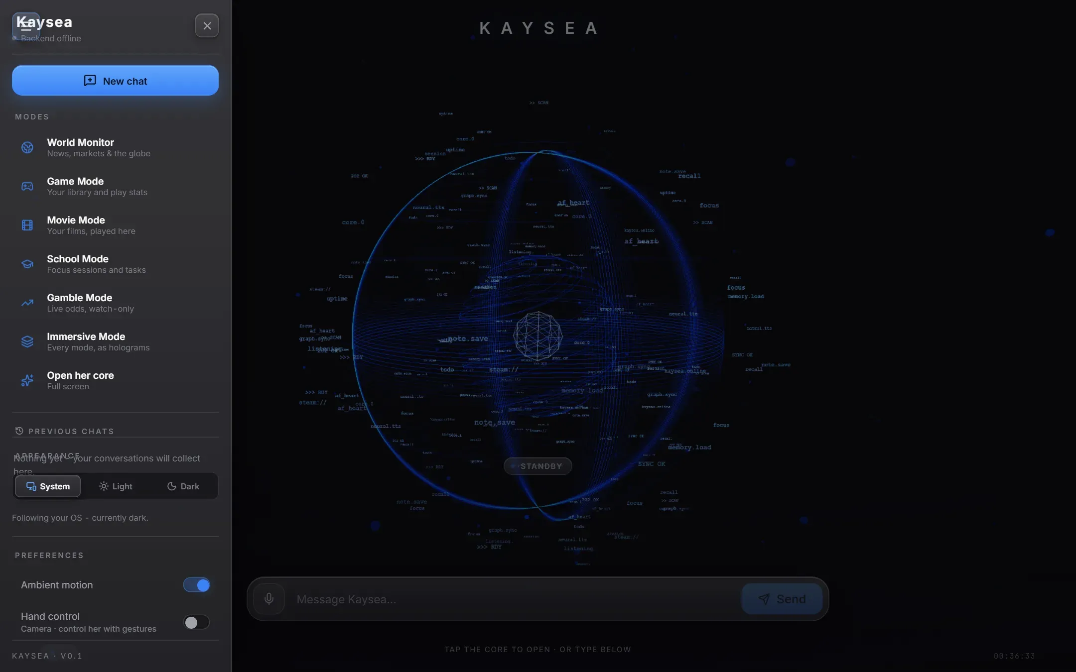 The menu: six modes, theme settings, ambient motion and camera-based hand control