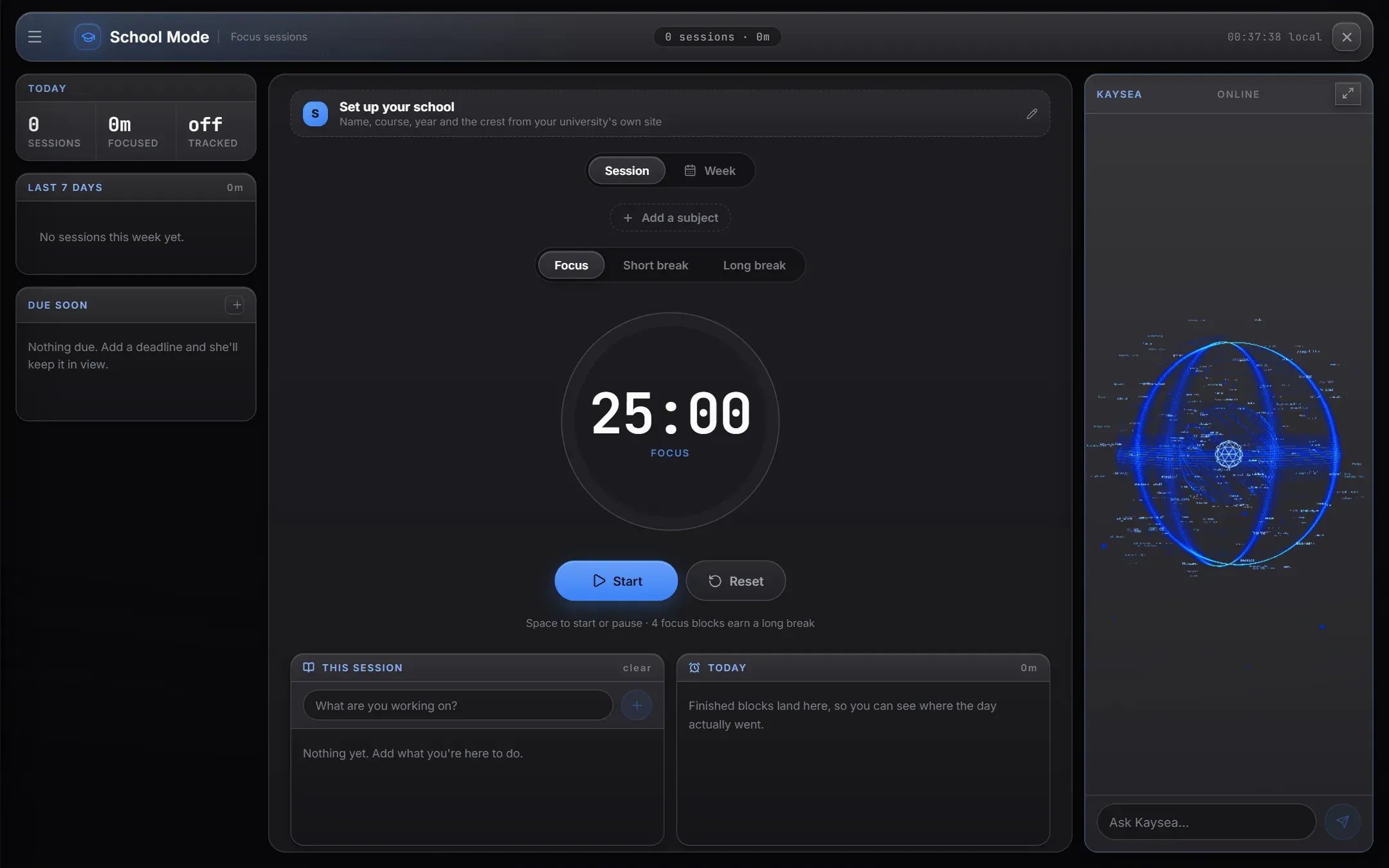School Mode: focus timer with breaks, subjects, deadlines and a weekly view