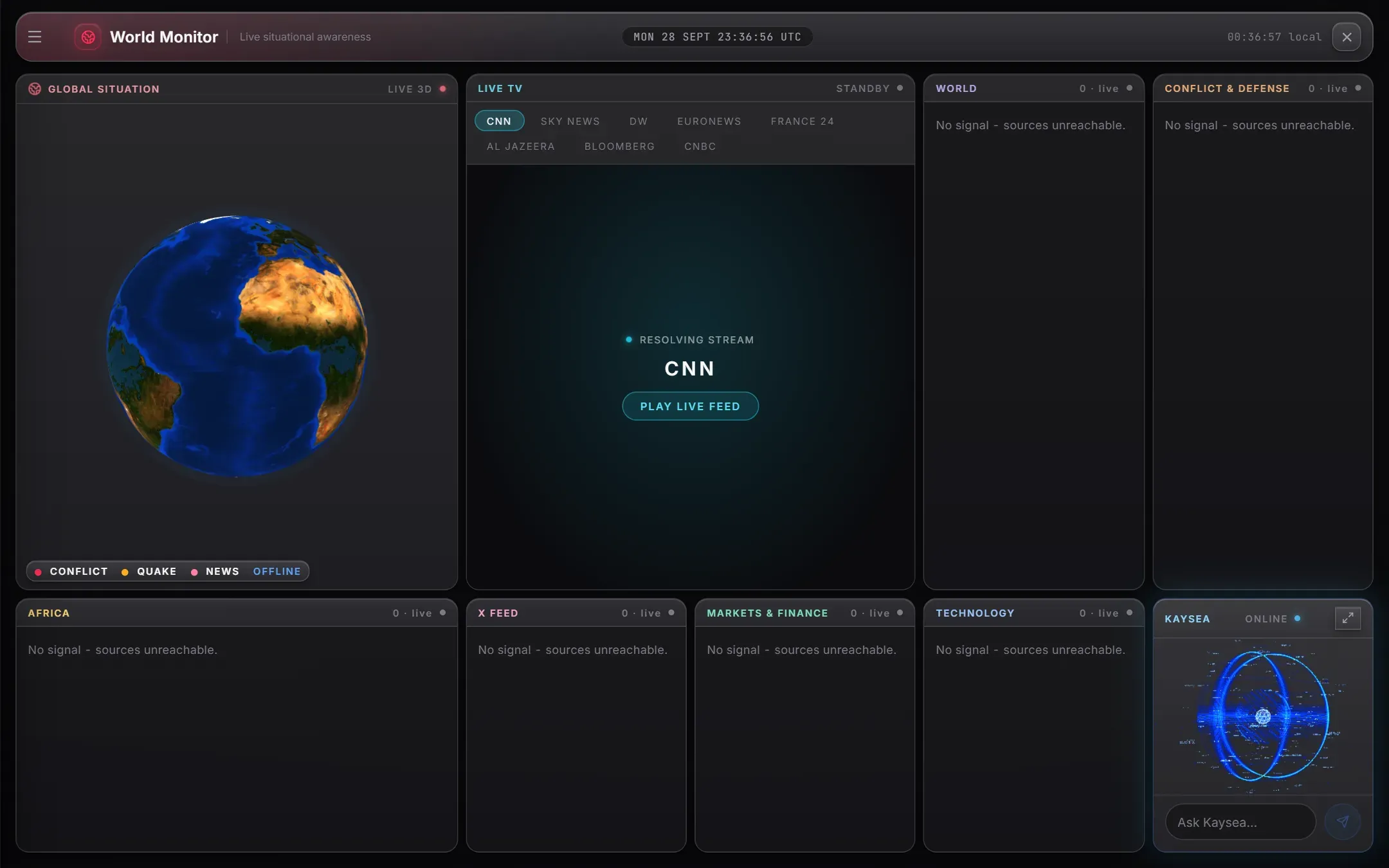 World Monitor: a live 3D globe with conflict, quake and news layers, live TV channels and topic feeds