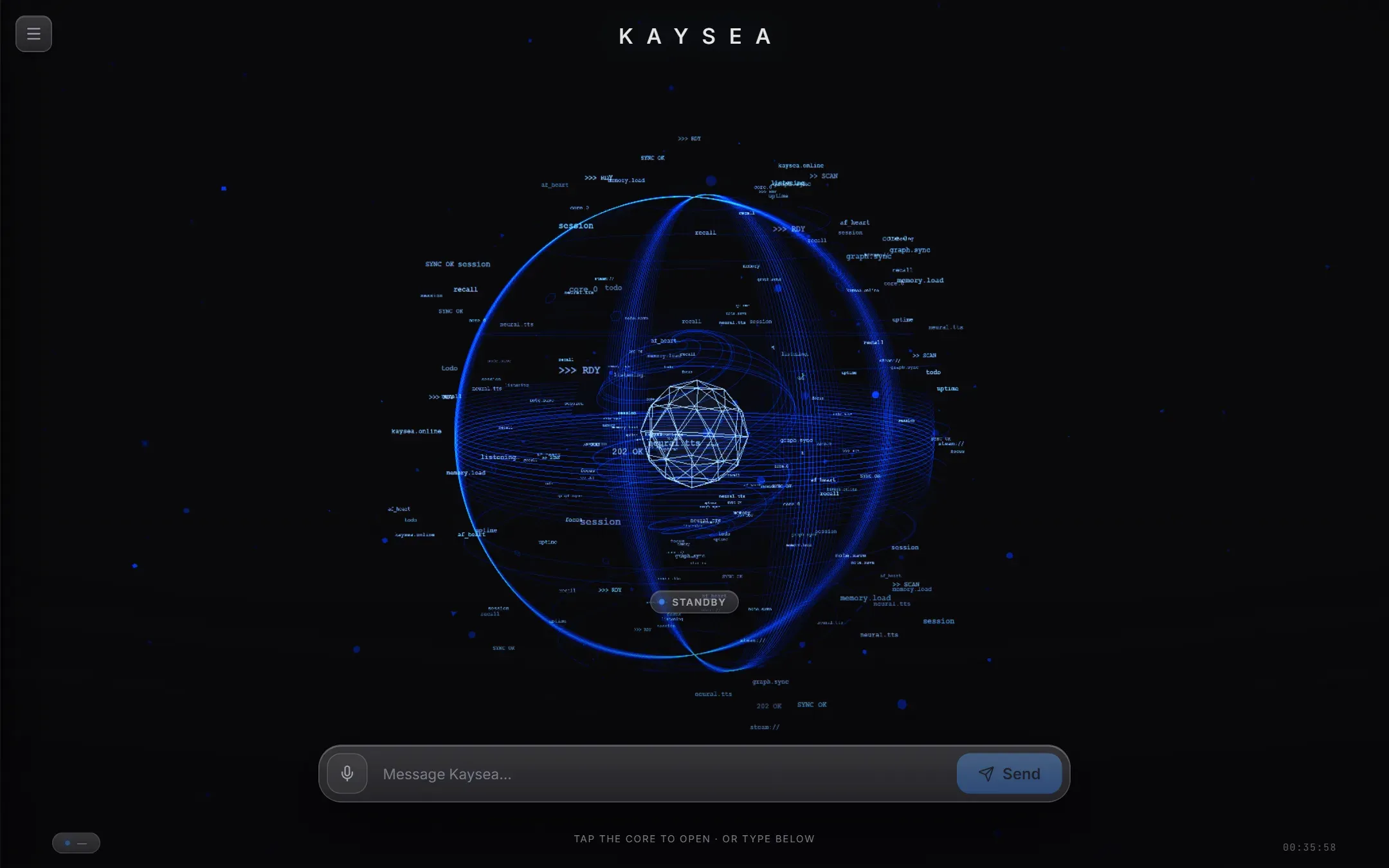 Kaysea's core in the desktop app. Tap it to open her full screen, or type below