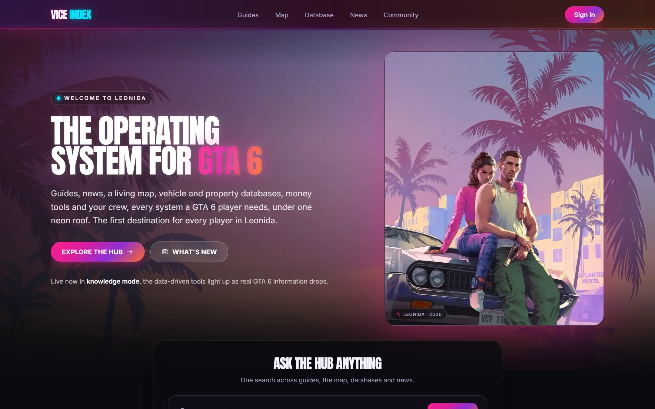 The Vice Index homepage (fan project; key art belongs to Rockstar Games)